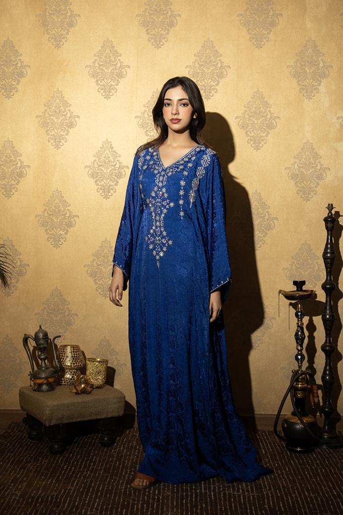 Royal Blue Flower Embroidered Kaftan