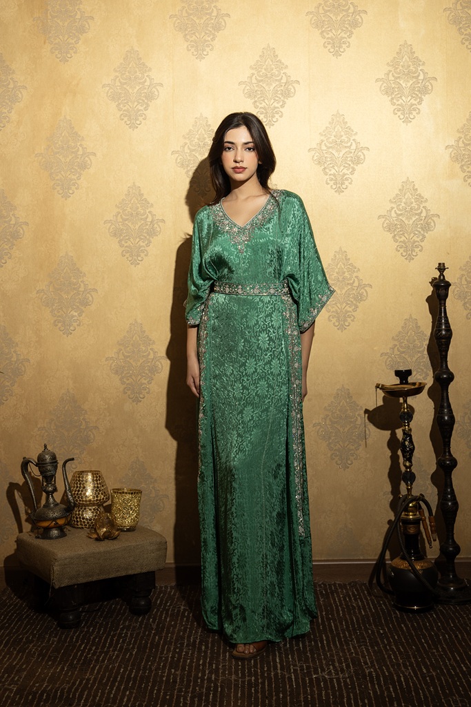 Hand-embroidered emerald kaftan
